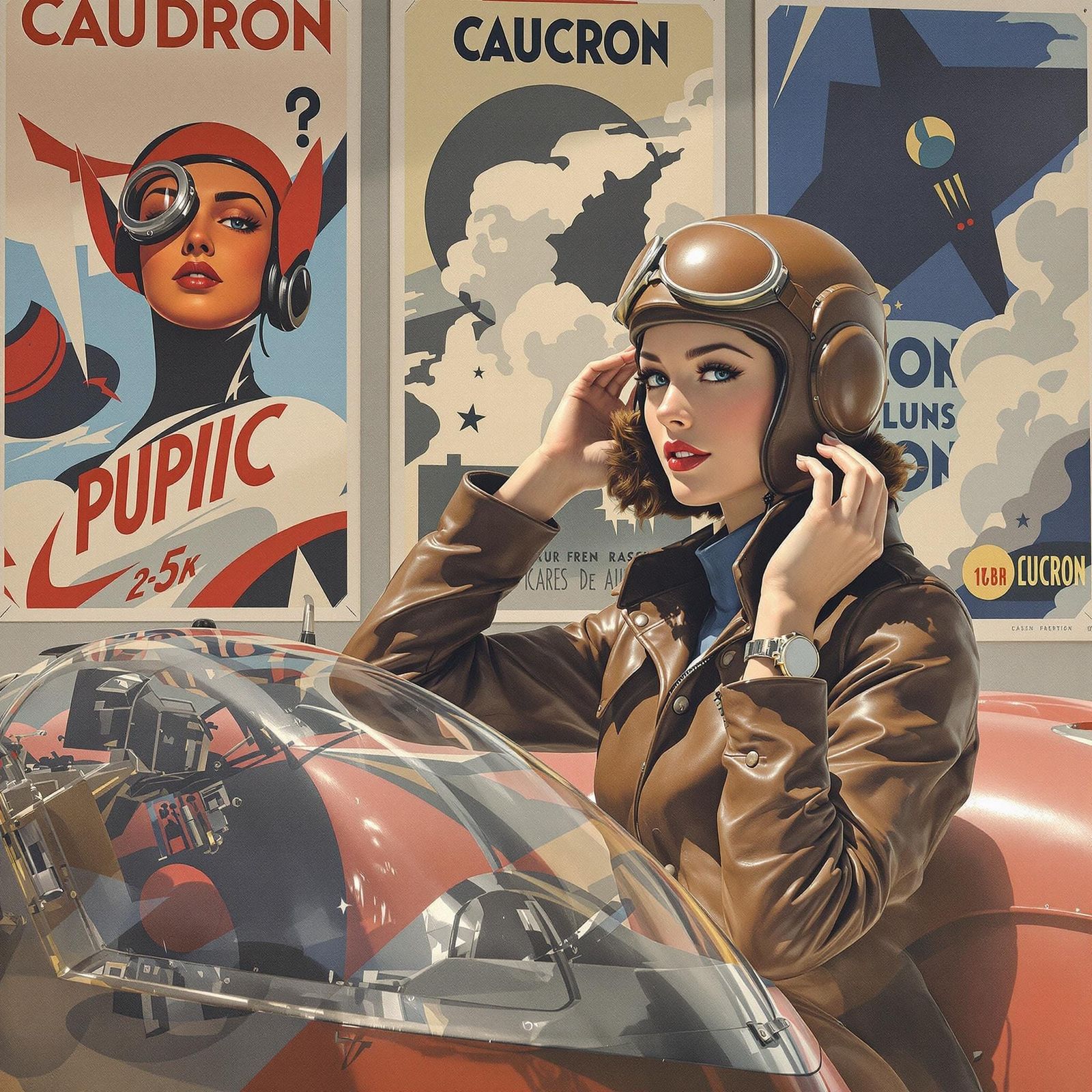 French Air Racer Beside Crimson Plane, Art Deco Style
