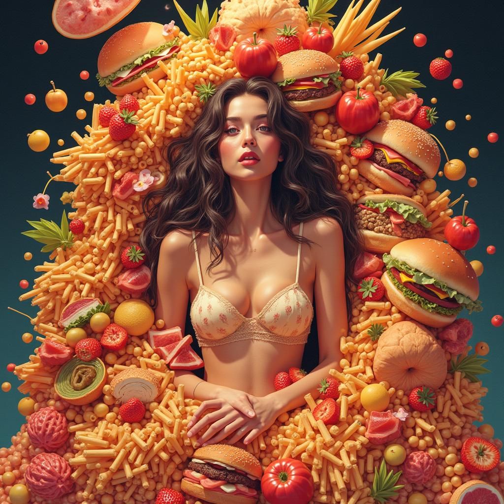 Vibrant Woman Surrounded by Gigantic Snack Arrangement