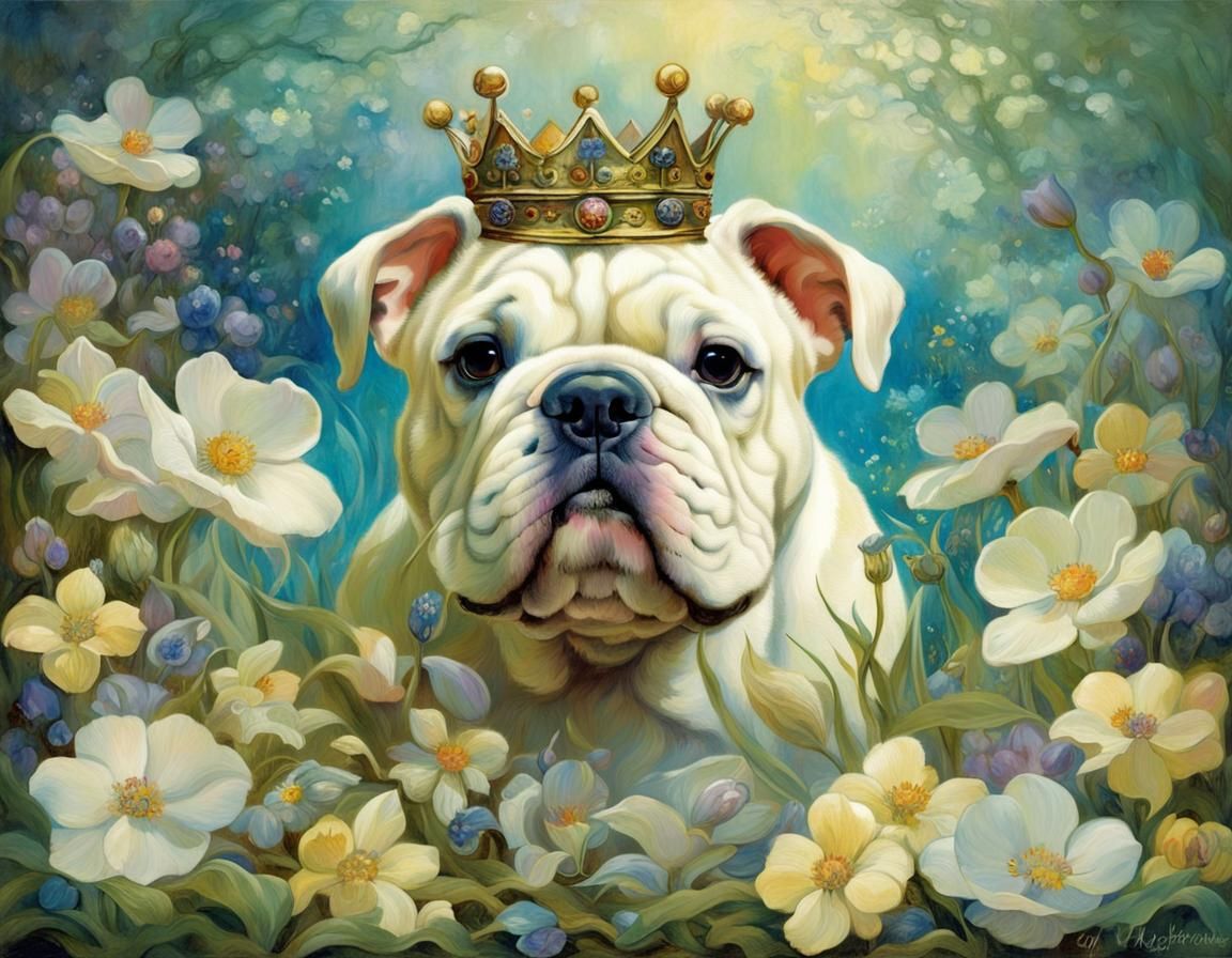 Bulldog Puppy with Floral Crown in Art Nouveau Style