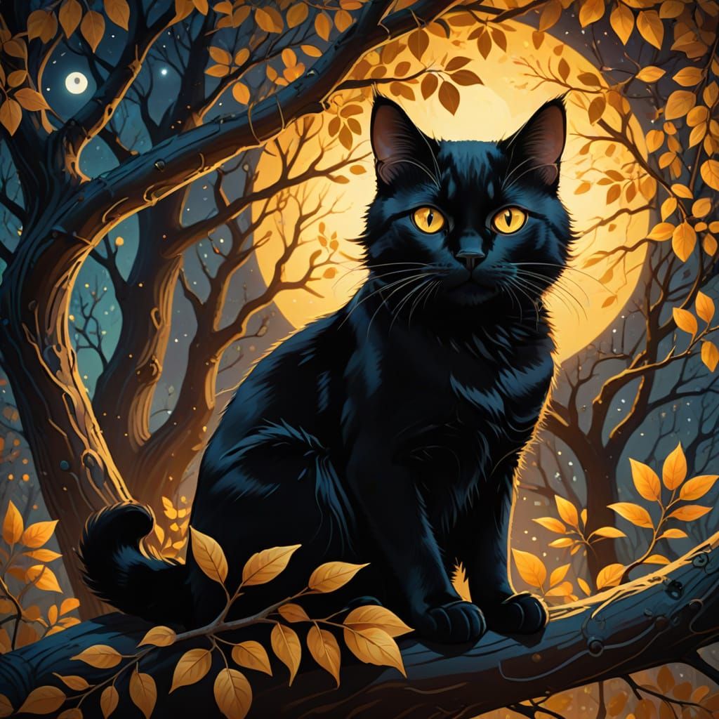 Whimsical Black Cat in a Moonlit Tree