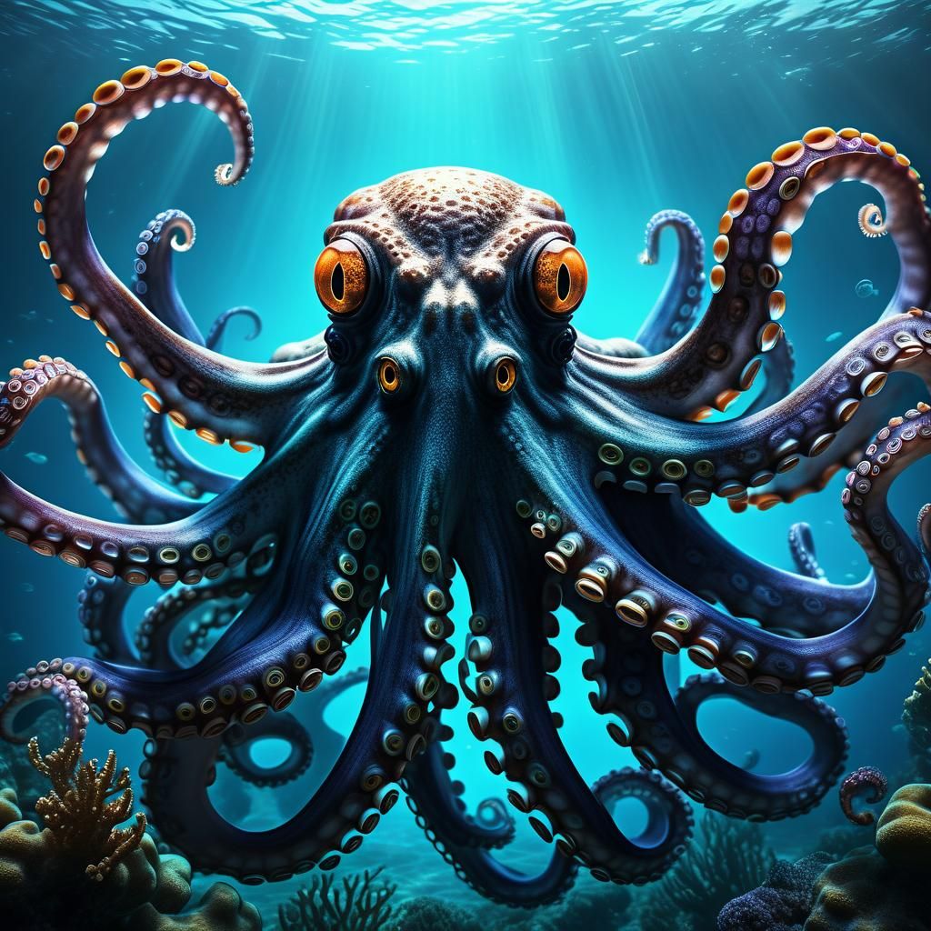 A dynamic image of an octopus with eight eyes
