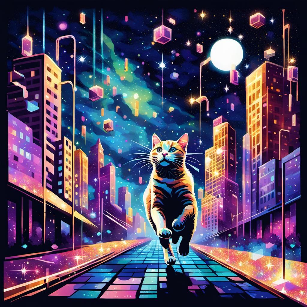 Cat and Rat Chase in Vaporwave Glitch Art