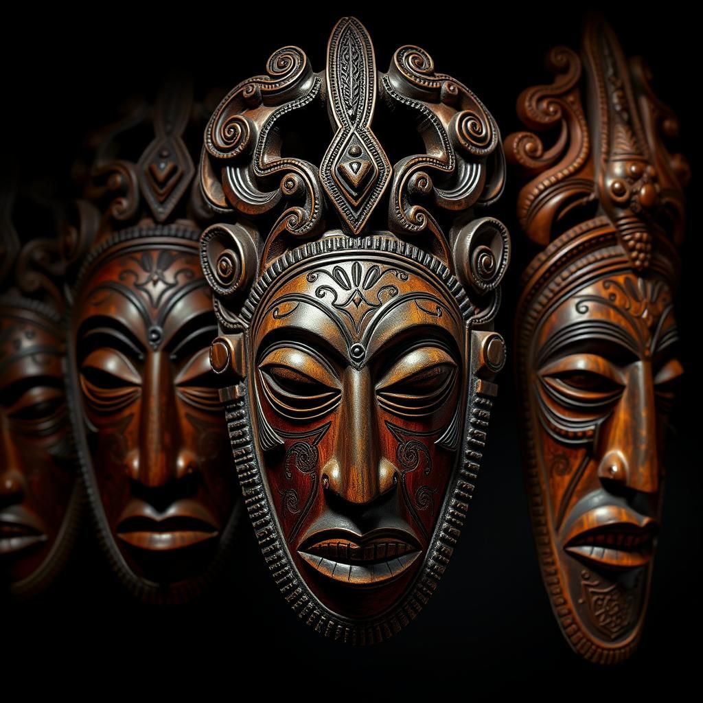 Ornate African Tribal Masks in Richly Textured Wood