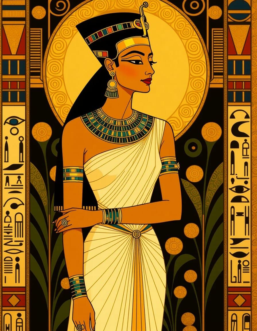 Egyptian Queen Portrait Painting in Klimt and Art Nouveau St...