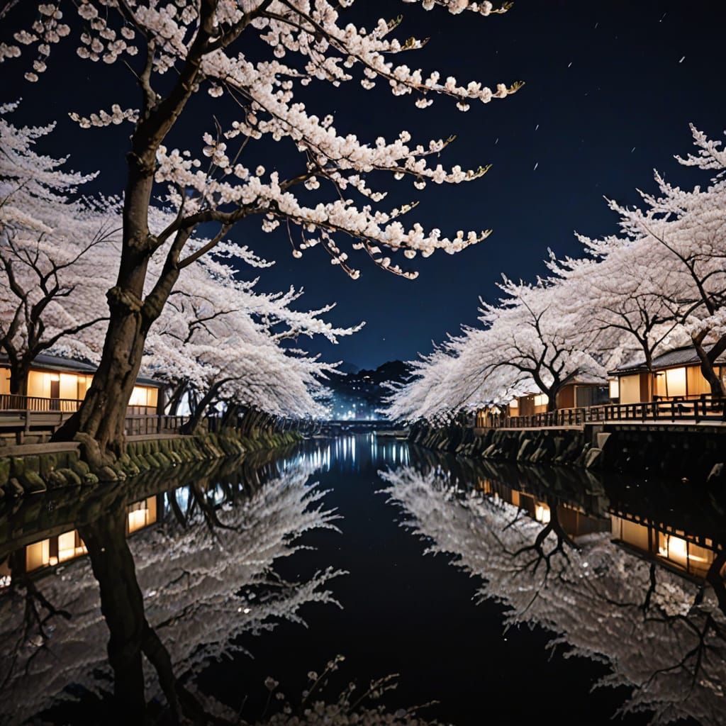 Yamato-e Style Cherry Blossoms Frozen on Cold Spring Night