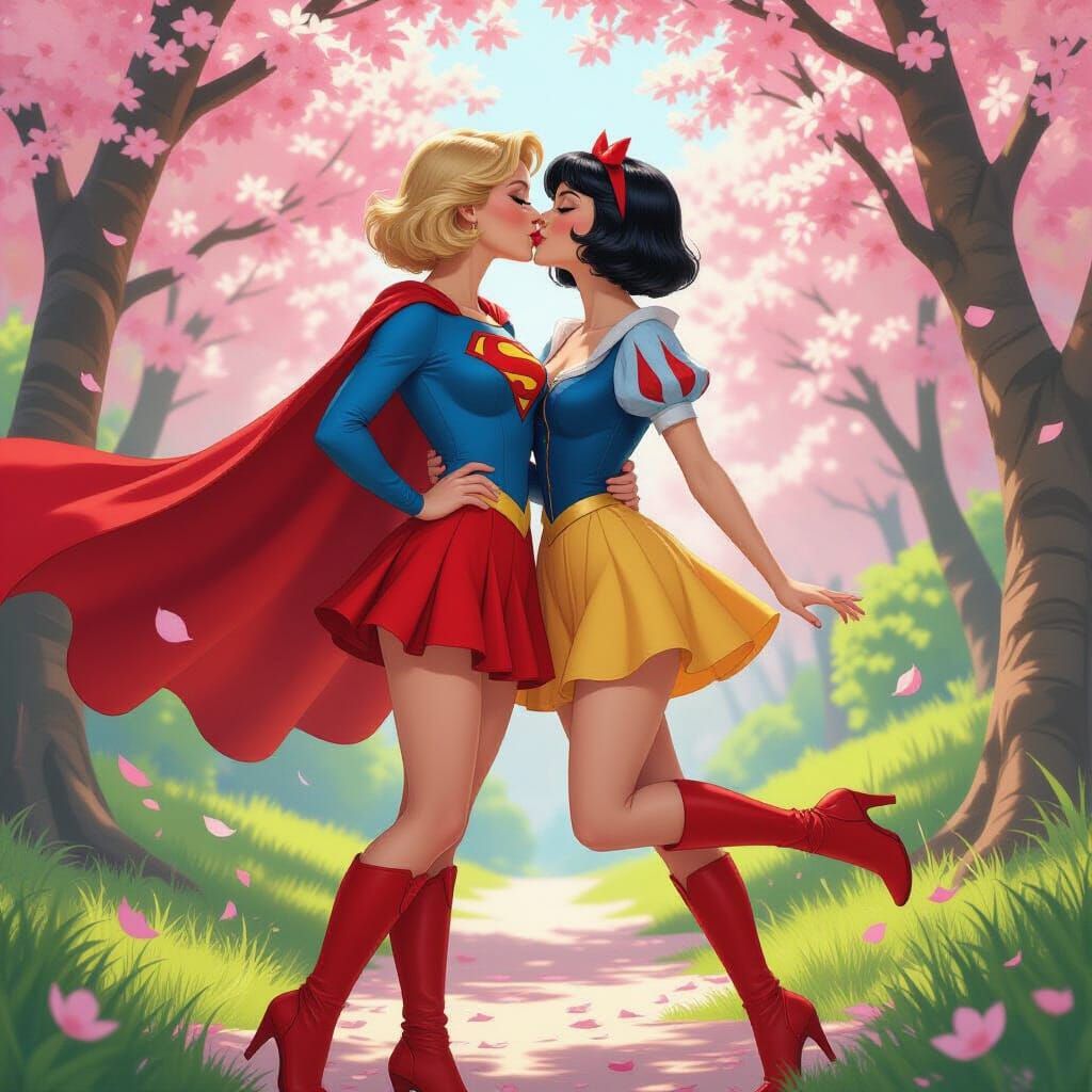 Supergirl Kisses Snow White in Cherry Blossom Garden