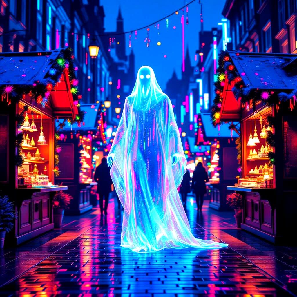 Eerie Ghost Haunts Glitchy Christmas Market at Midnight