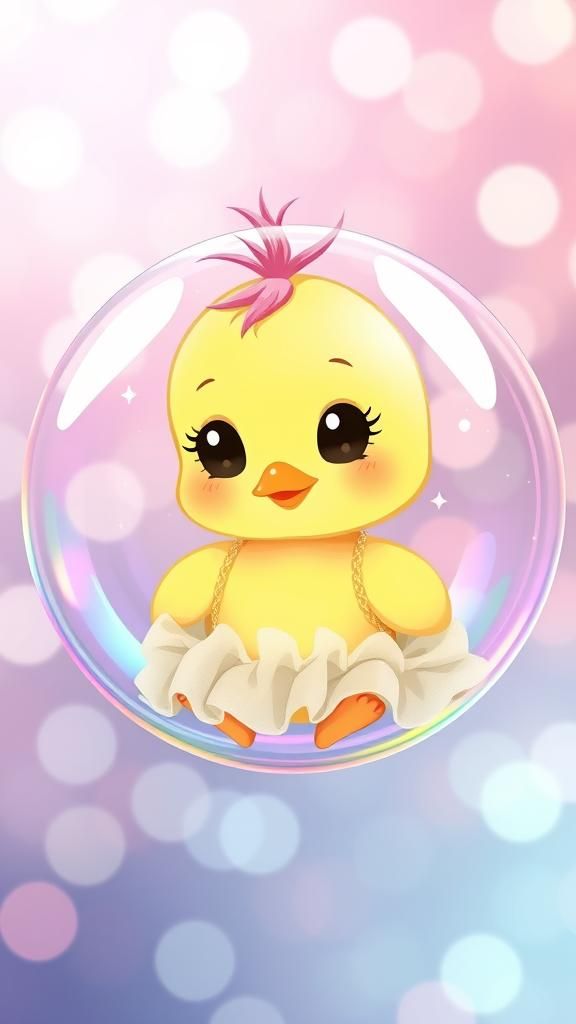 A cute whimsical adorable fluffy Chibified yellow baby duck,...