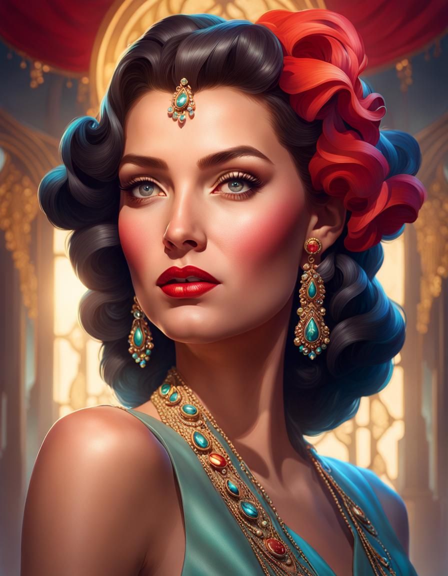 1940s Beauty Queen Portrait in Art Nouveau Style