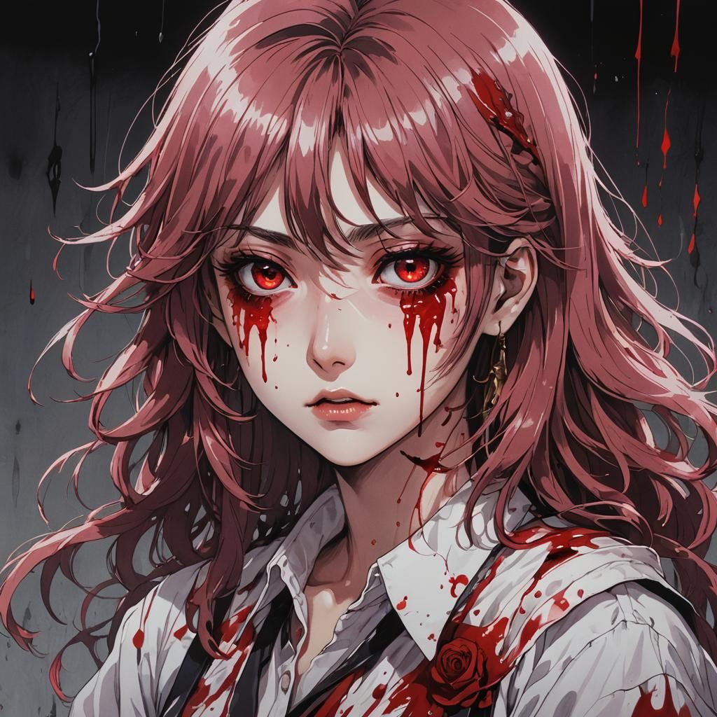 Anime Girl with Blood Tears in 80s Manga Style