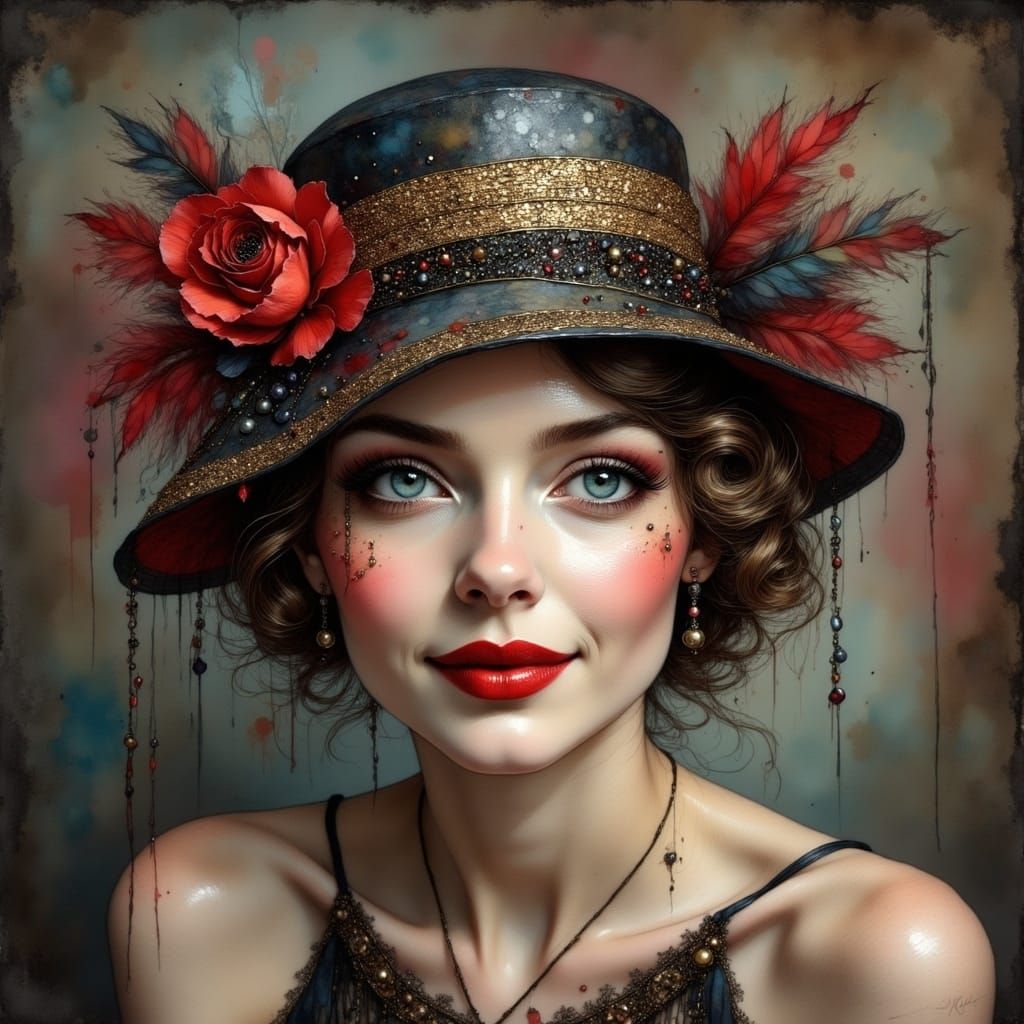 Happy 1920s Flapper Girl with Feathered Hat