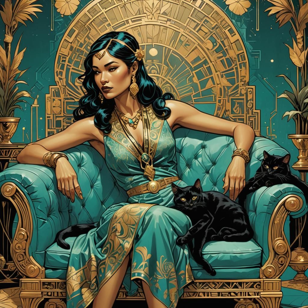 Art Deco Woman with Cat in Turquoise and Gold