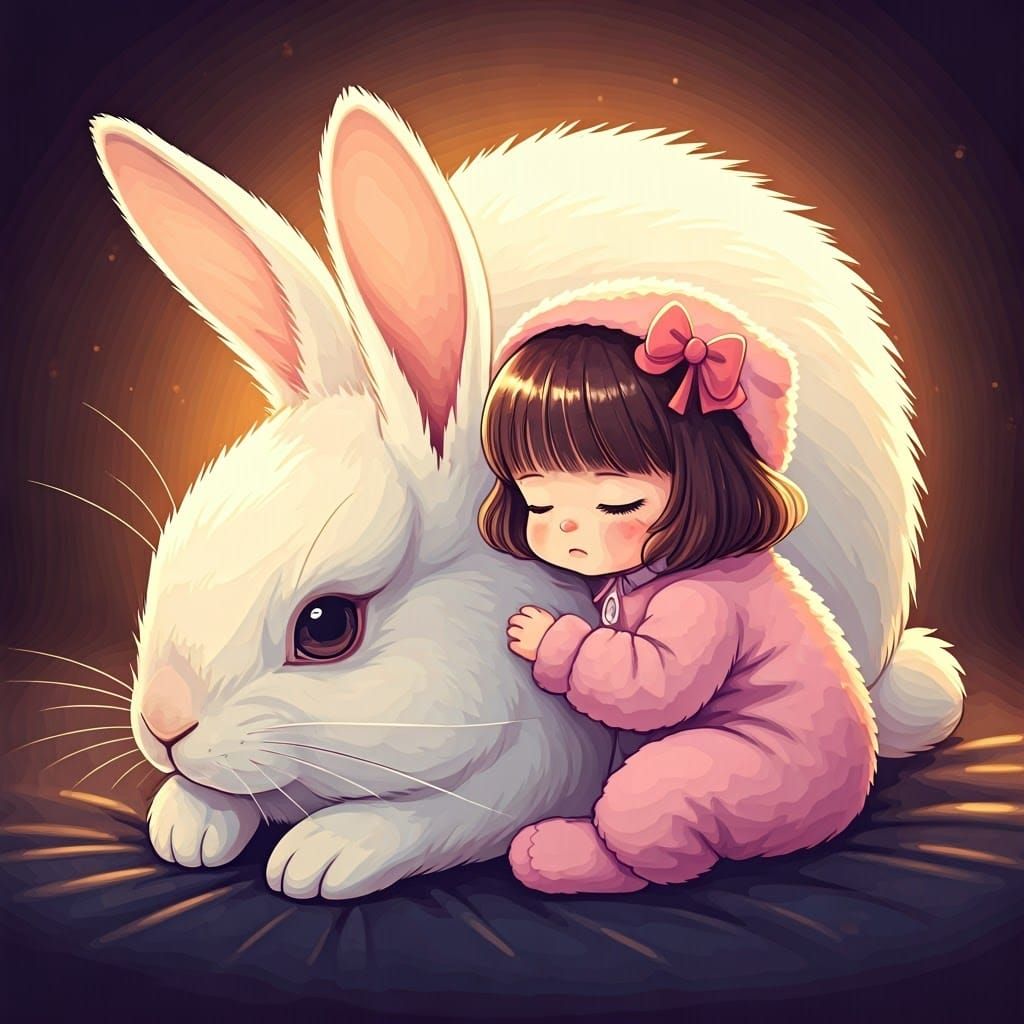 Girl with Rabbit Ears Sleeping on Giant Rabbit