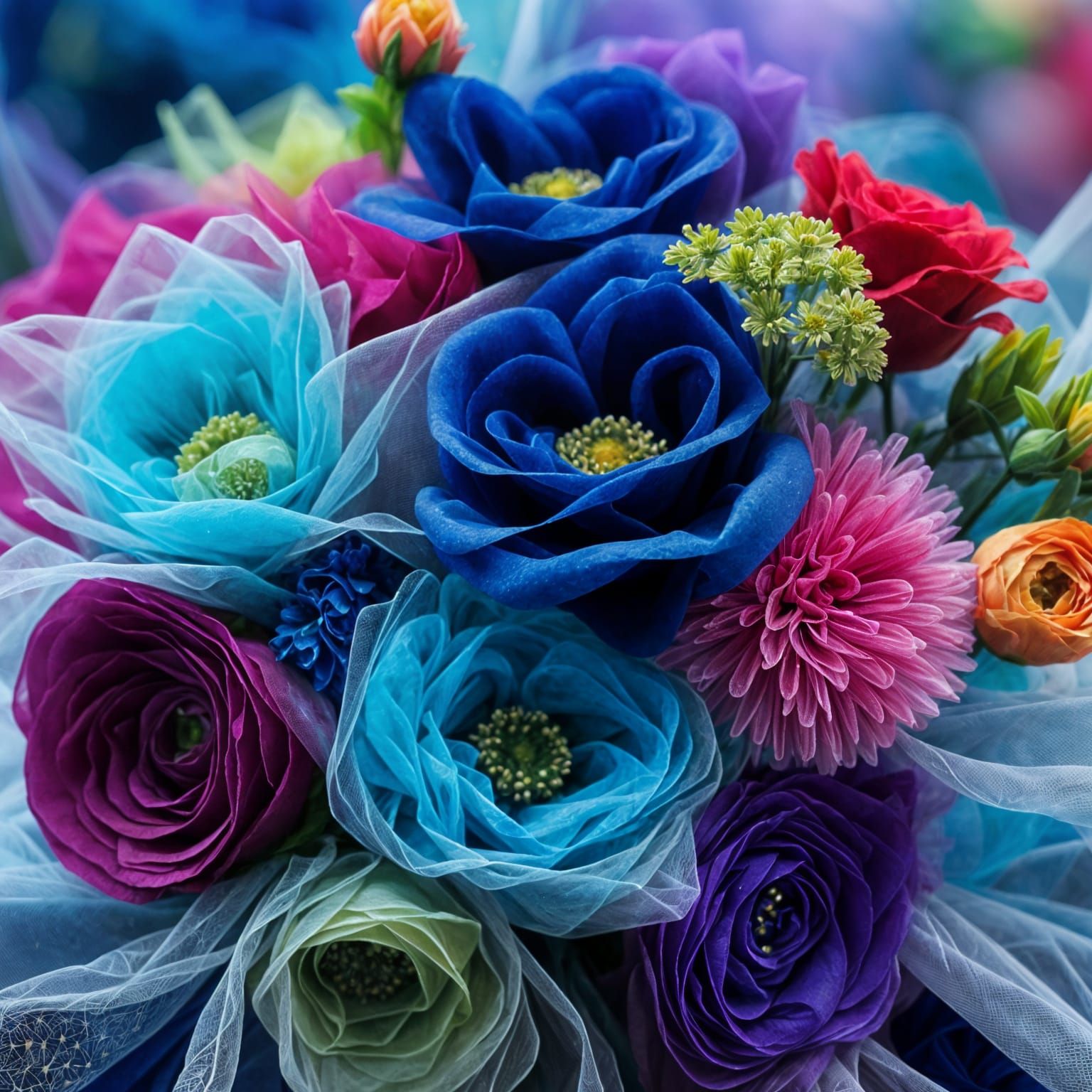 Handcrafted Tulle Fabric Flower Bouquet Close-up