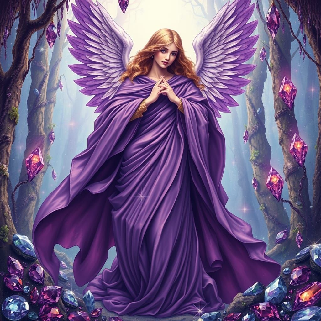 Amethyst Angel in Jewel Forest, Art Nouveau Style