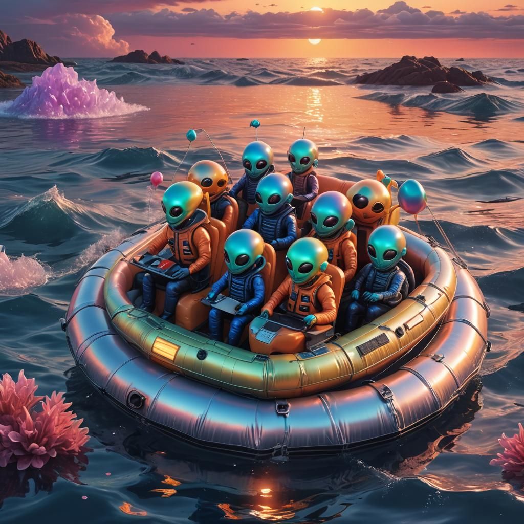 Aliens in a Lifeboat at Sunset: Cosmic Illustration