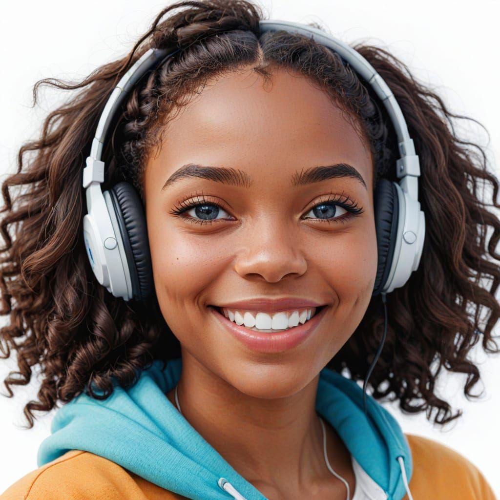 Colorful Cartoon Girl with Big Smile and Blue Eyes in Headph...