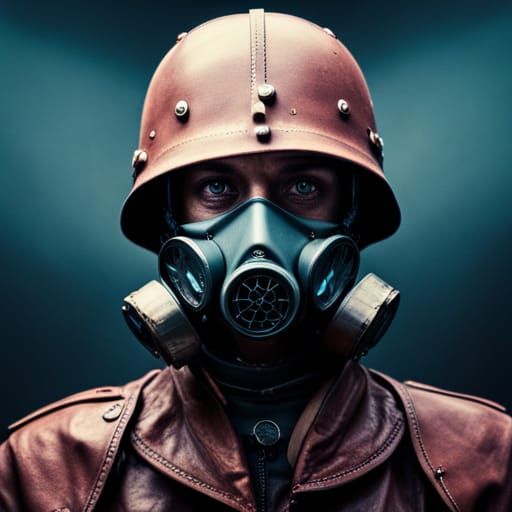 Cyborg Warrior with Glowing Gas Mask in Cyberpunk Style