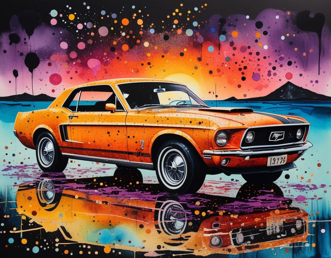 Elegant Woman and Mustang in Abstract Sunset