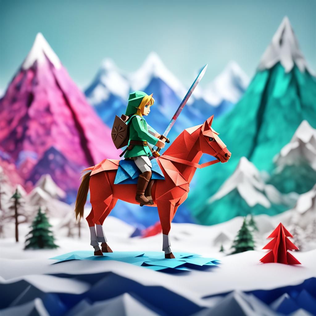 Link on Horseback in Origami Style