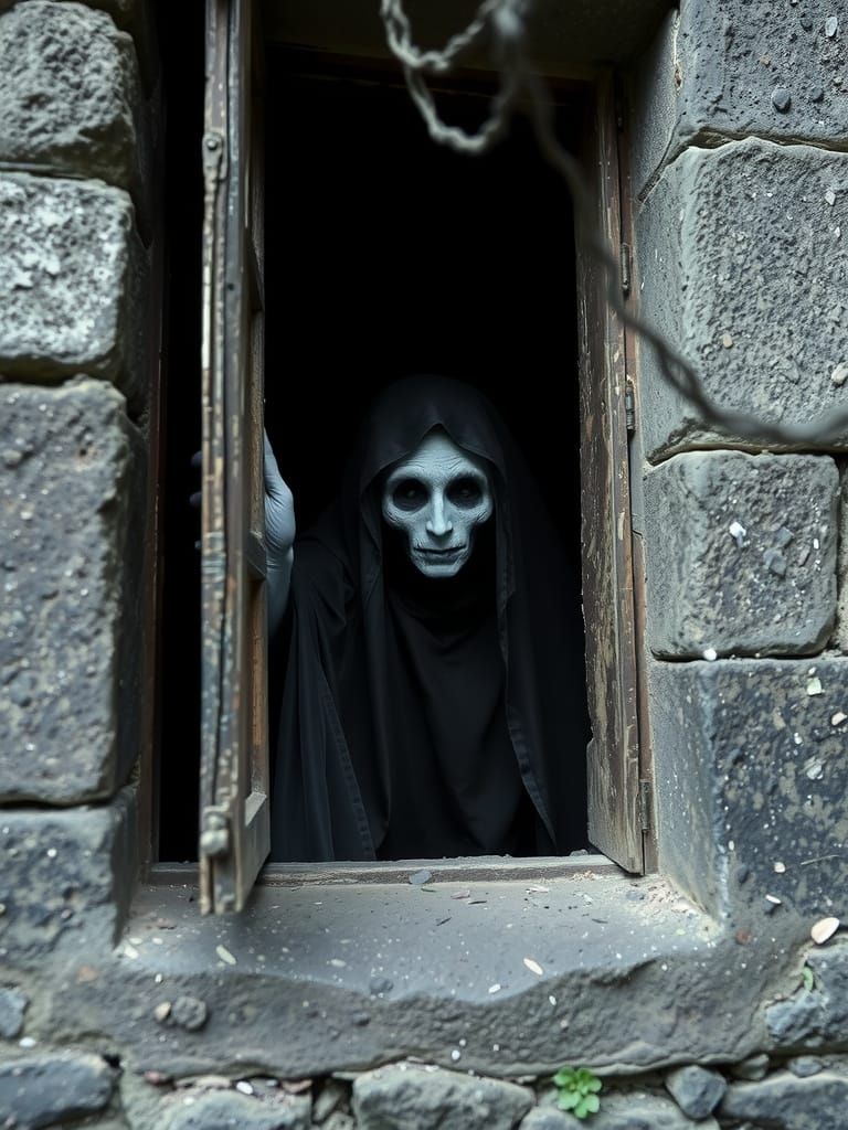 Ethereal Witch Peeks Through Gothic Castle Window