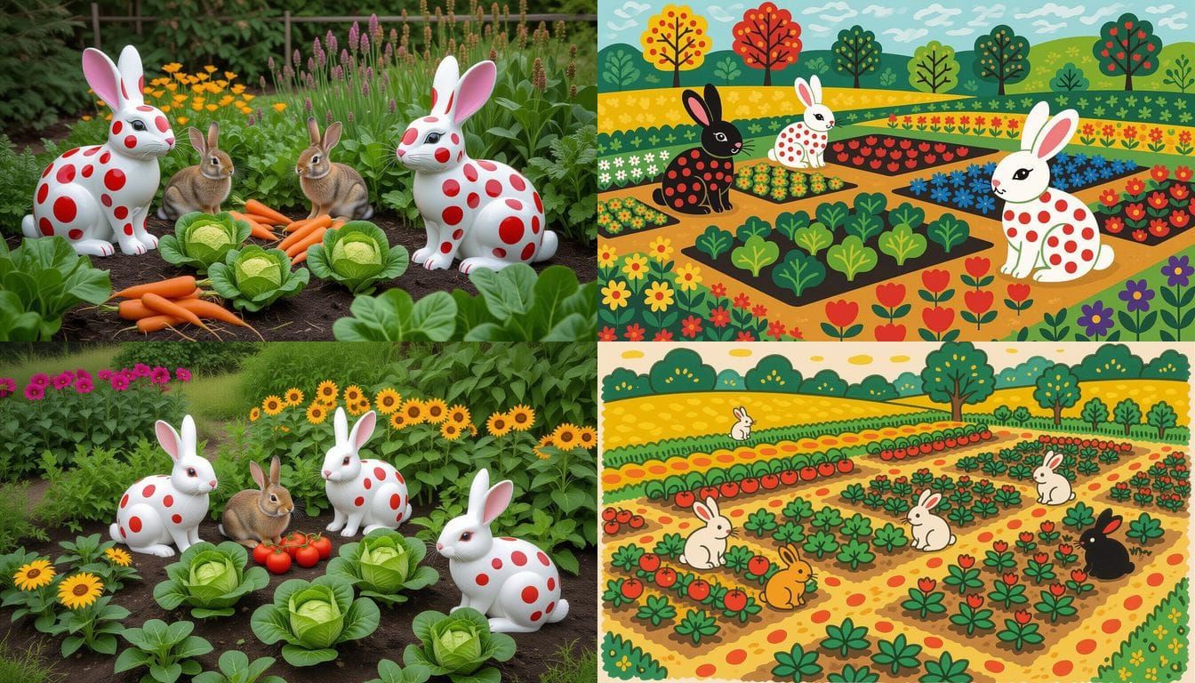 Vegetable Garden with Rabbits in Polka Dot Style