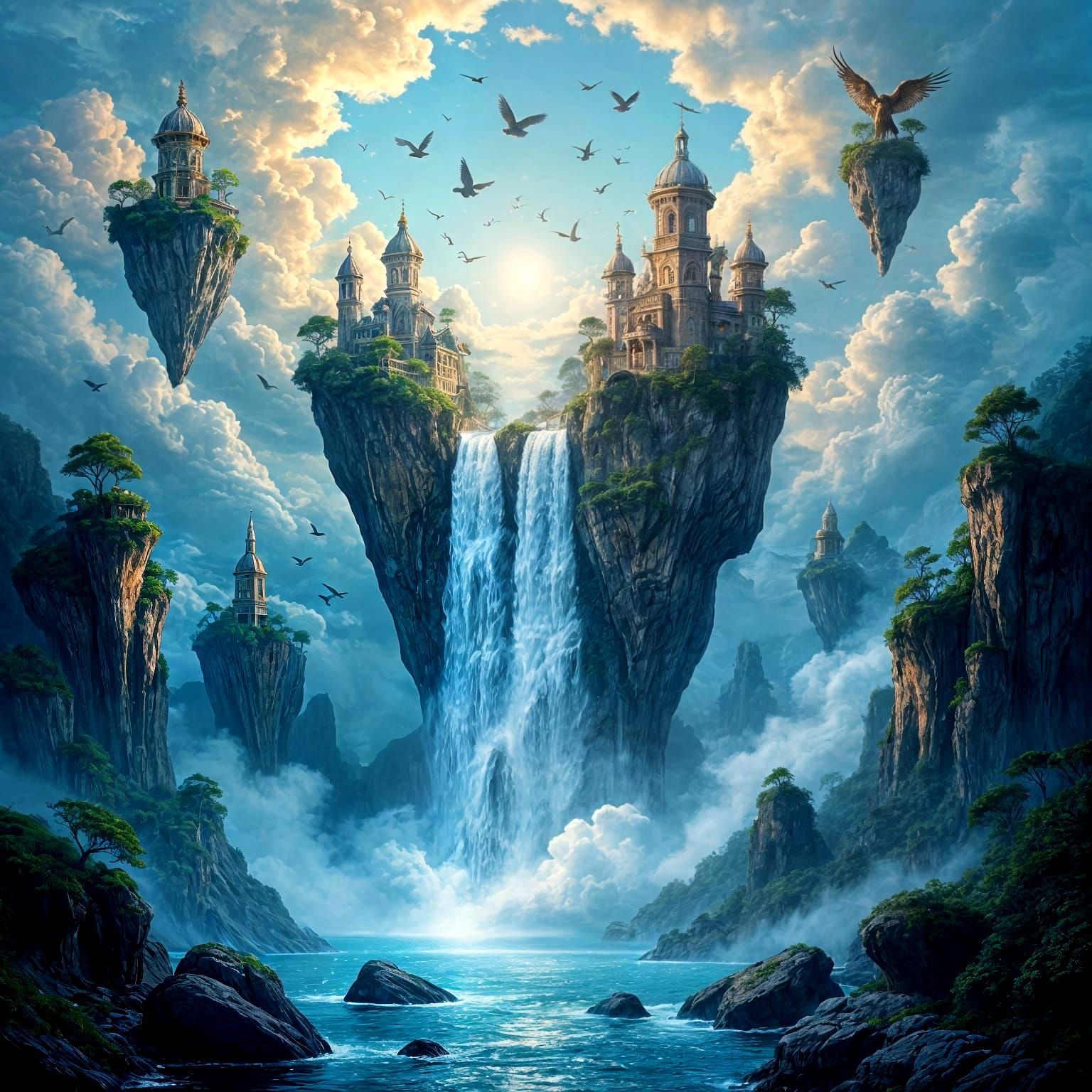 Surreal Stardust Waterfall with Clockwork Birds and Floating...