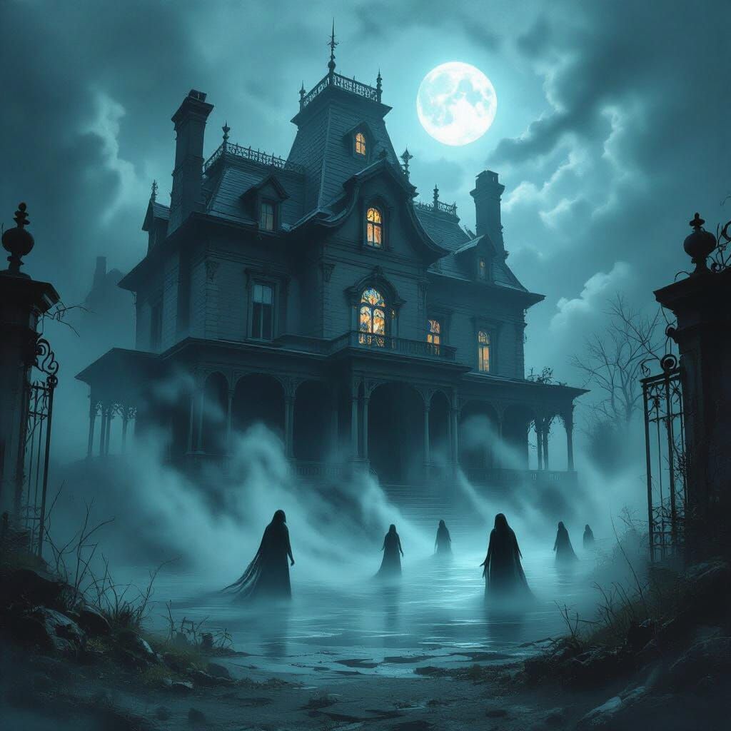 Gothic Victorian Mansion in Iridescent Mist with Ghostly Fig...