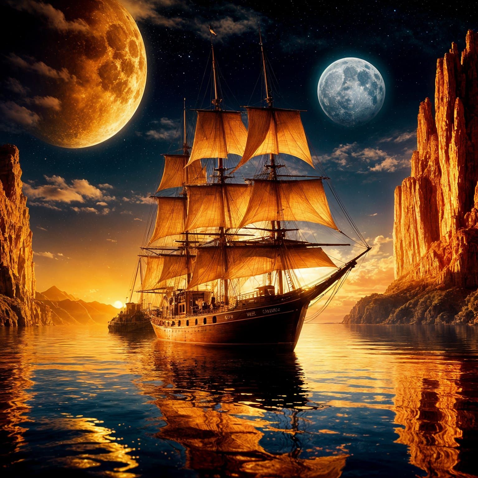 Fantasy Sailboat Under Radiant Full Moon in Golden Light