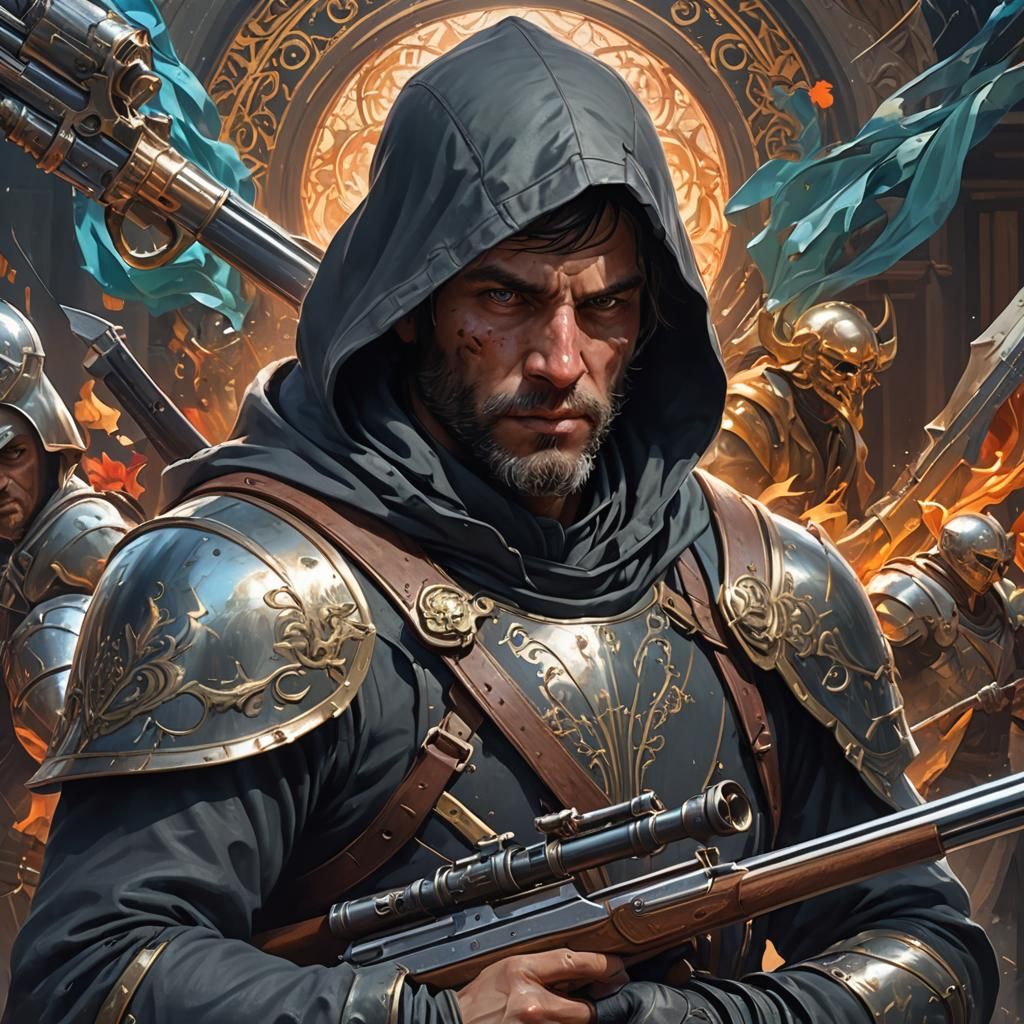 Hyperdetailed Portrait of Hooded Man with Weapons