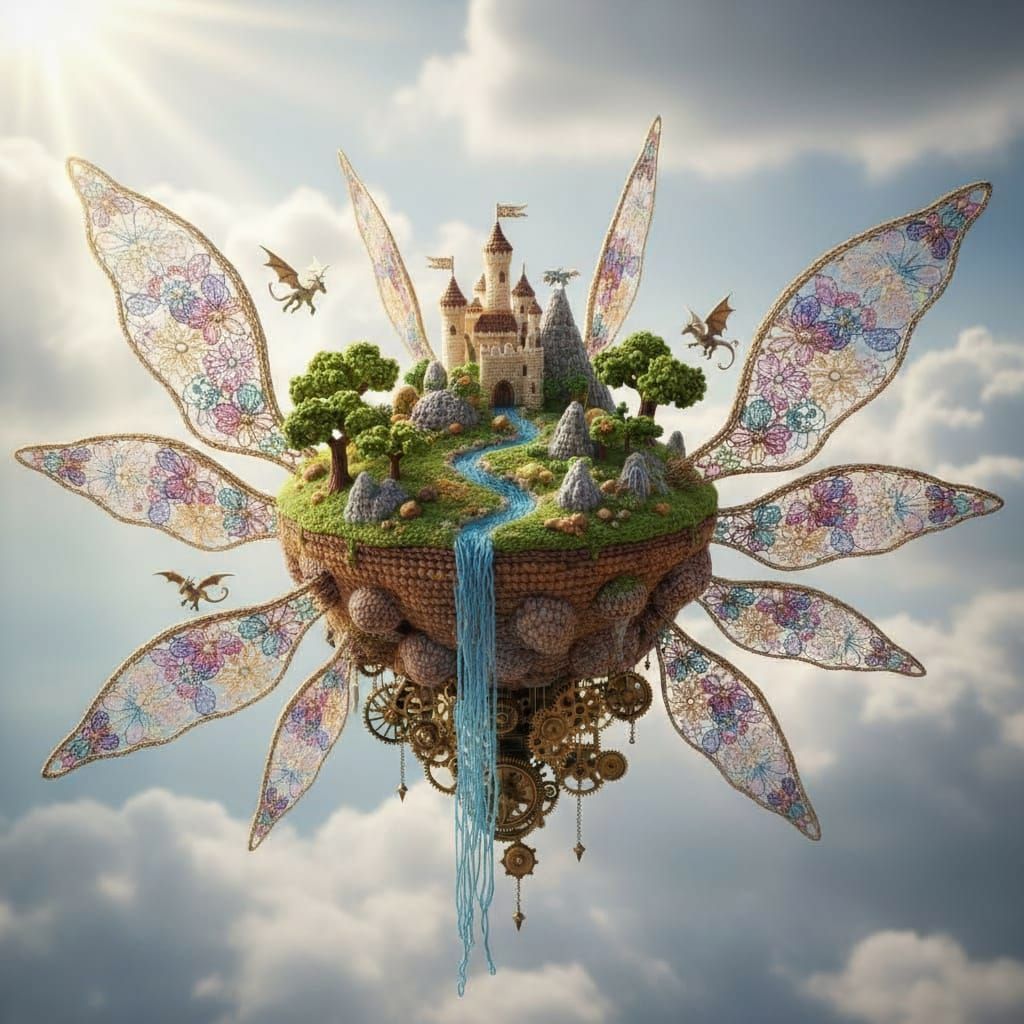 Miniature Crocheted Fantasy Flying Island - Mechanical Croch...