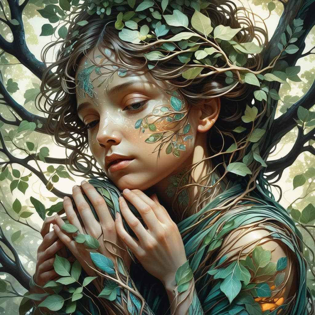 Person Cradled by Tree Branches in Digital Art