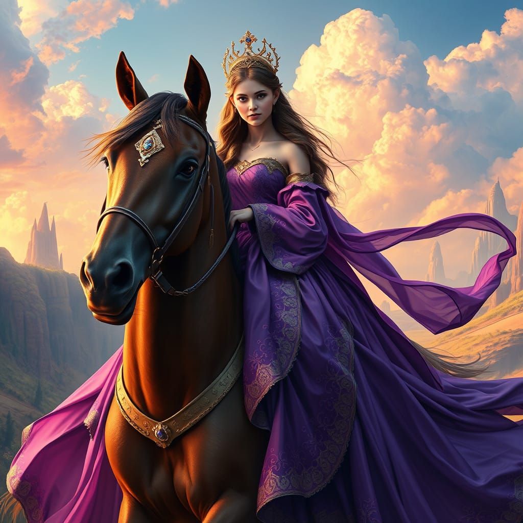 Regal Fantasy Maiden Rides Majestic Horse in Whimsical Lands...