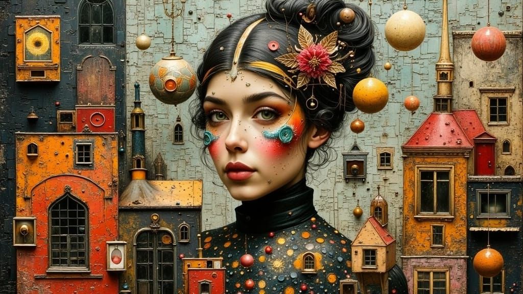 Elegant Entropy: Surreal Optical Illusion in Folk Art Style