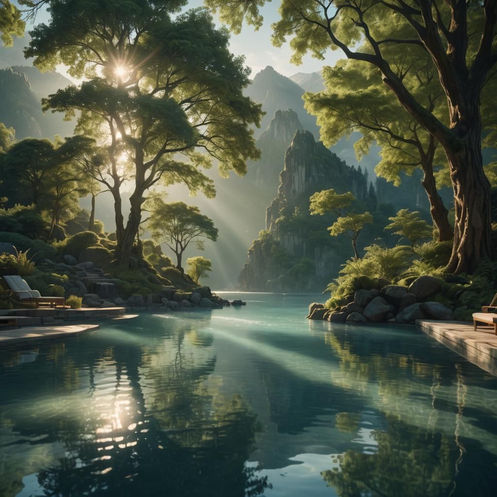 Serene Pool Surrounded by Lush Trees, Cinematic Still
