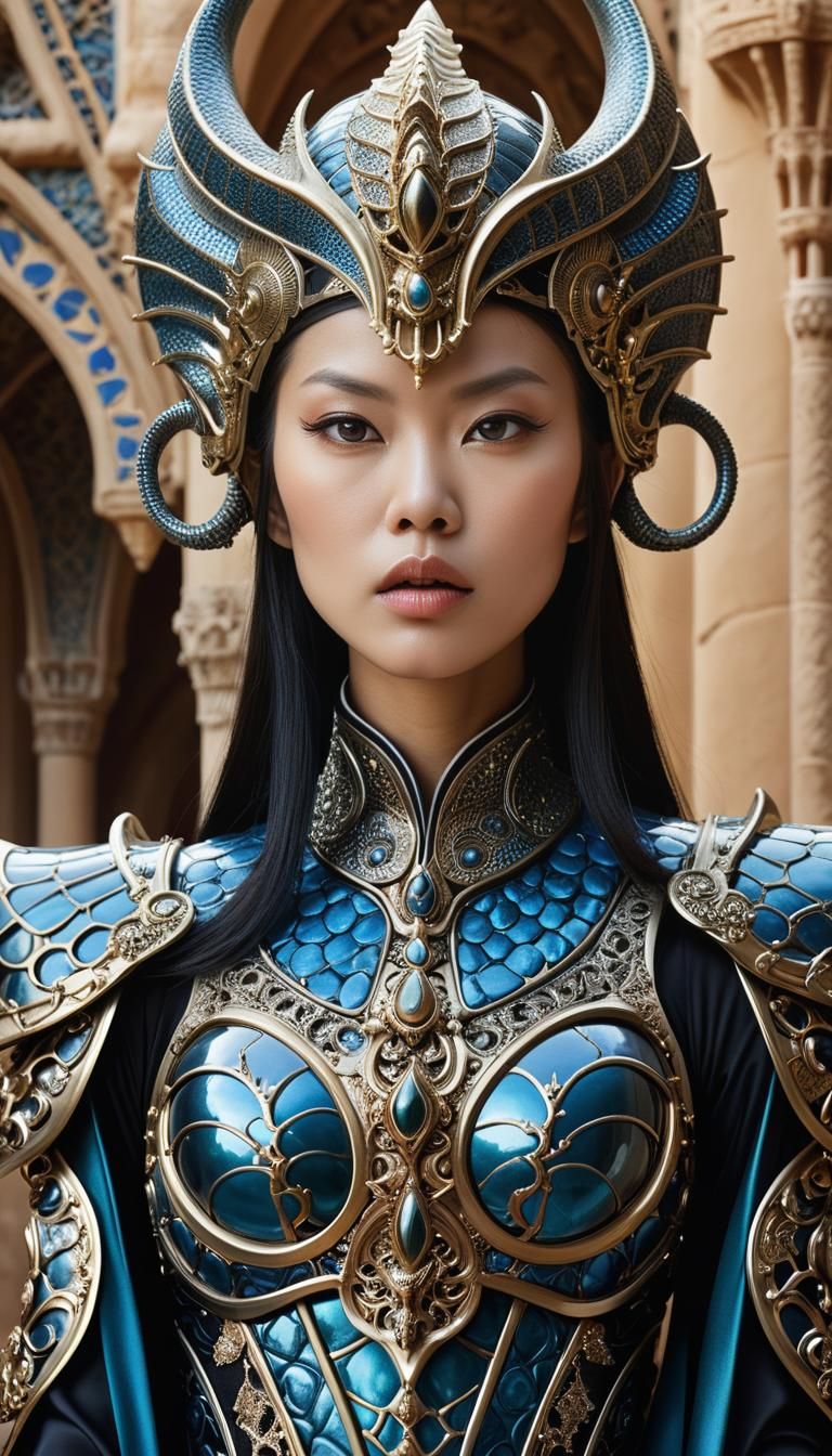 Ornate Asian Warrior Queen in Gaudi Giger Armor