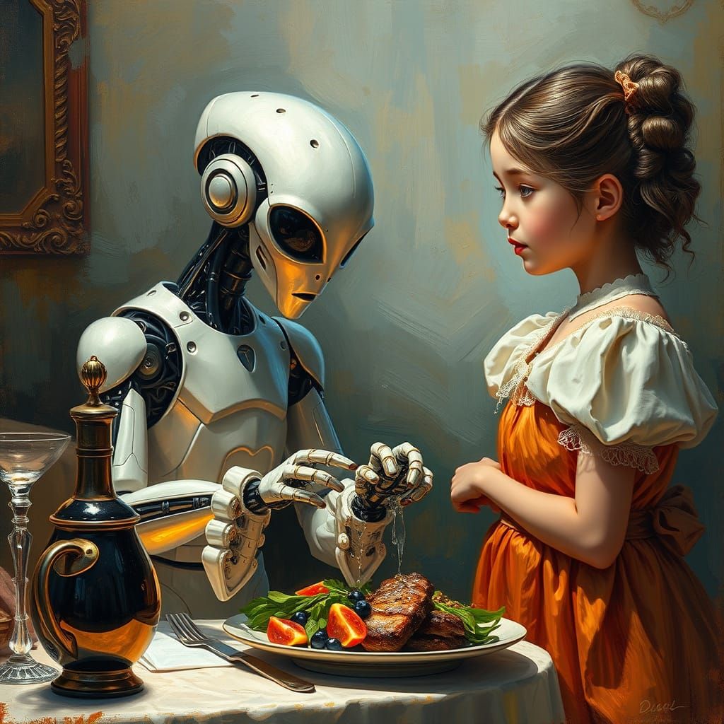 Robot Chef Prepares Gourmet Meal for Girl in Vintage Setting