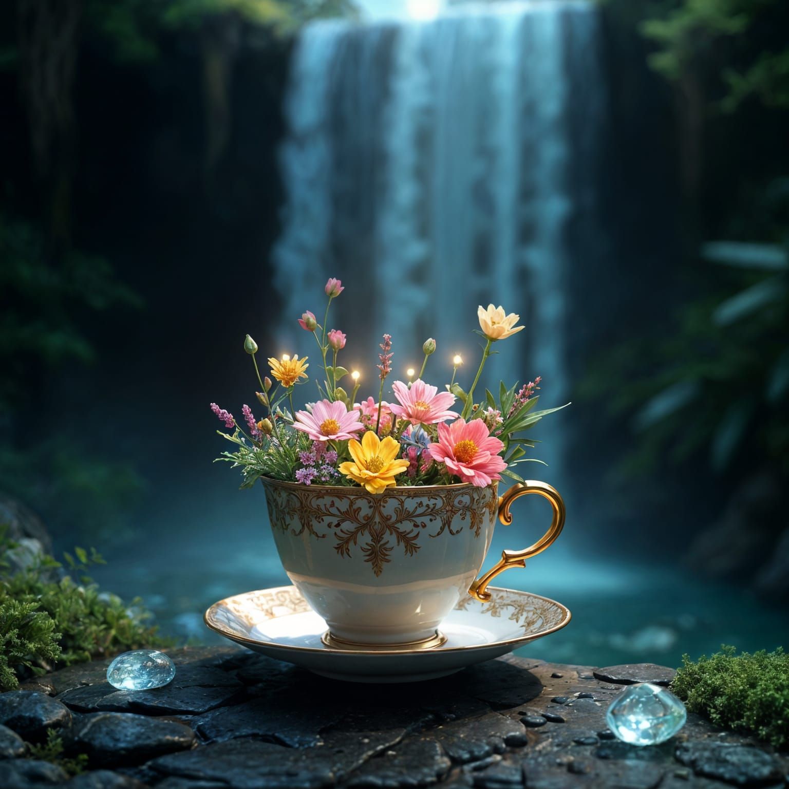 Magical Teacup: Wildflowers, Moonlight, and Waterfall