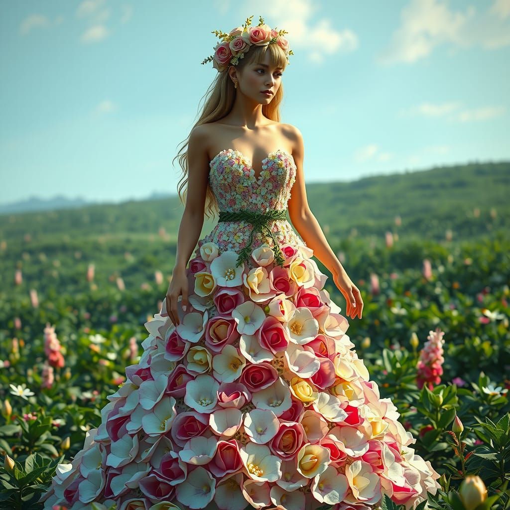 Floral Goddess in a Lush Green Field