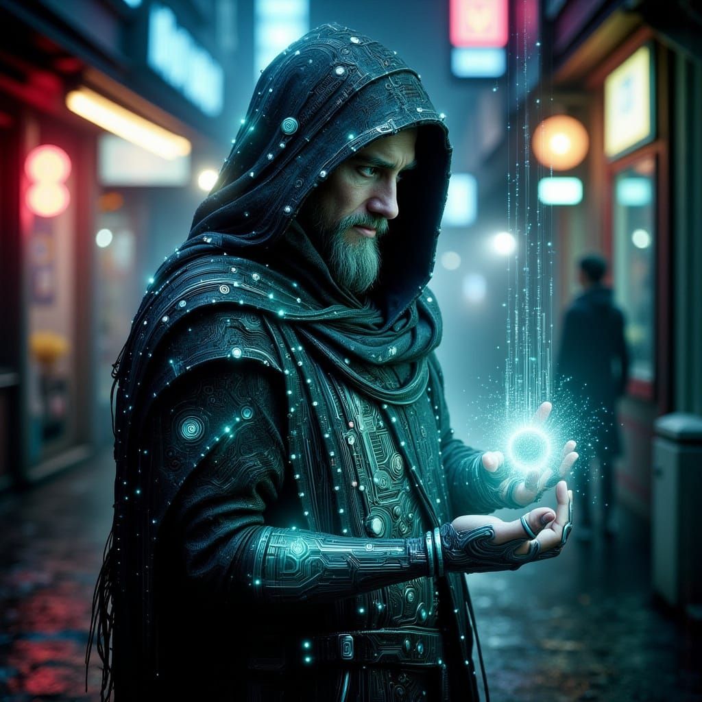 Cyberpunk Mage with Glowing Orb in Neon Alley