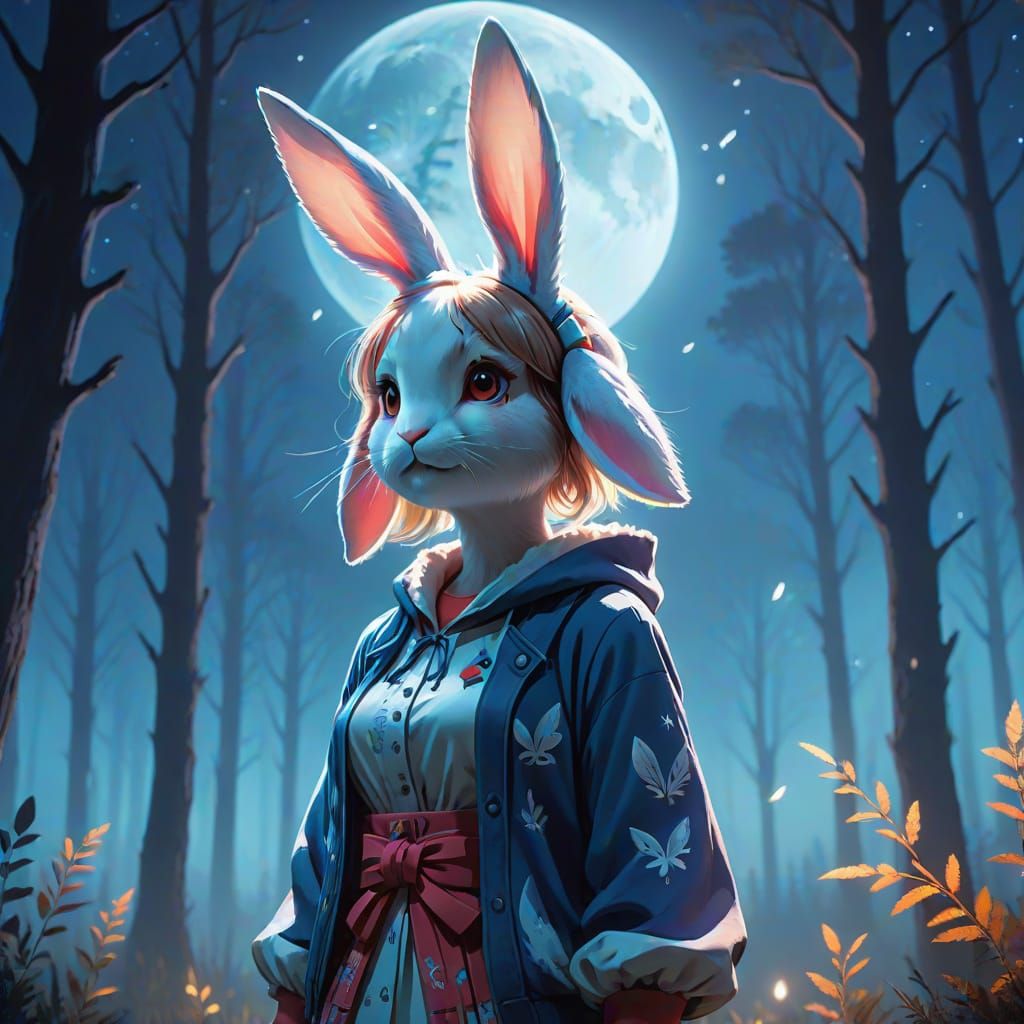 Moonlit Rabbit Portrait in Anime Style