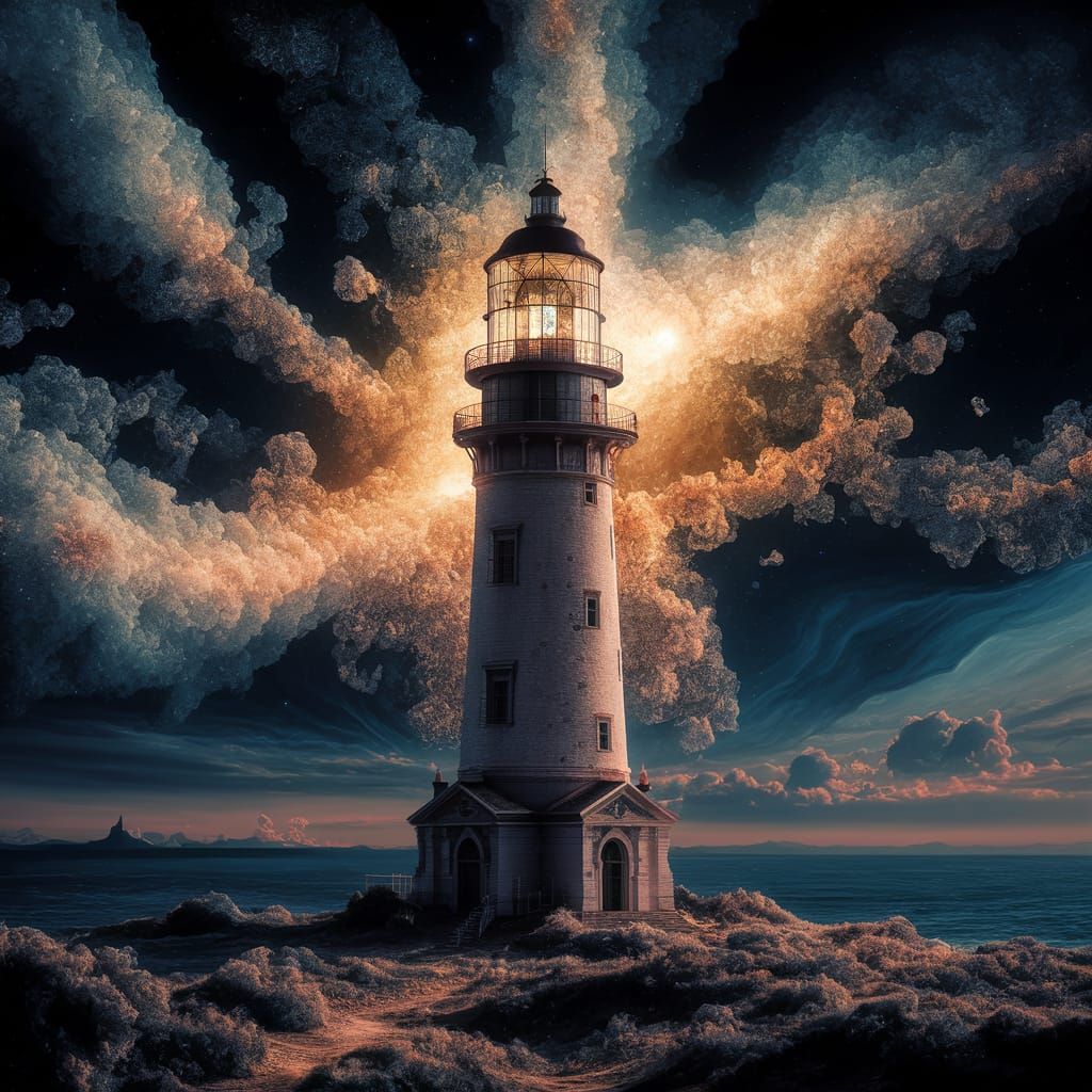 Lighthouse Amidst Nebula in Oil Painting Style