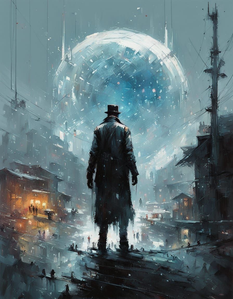Steampunk Anime Man on Disco Ball in Winter Landscape