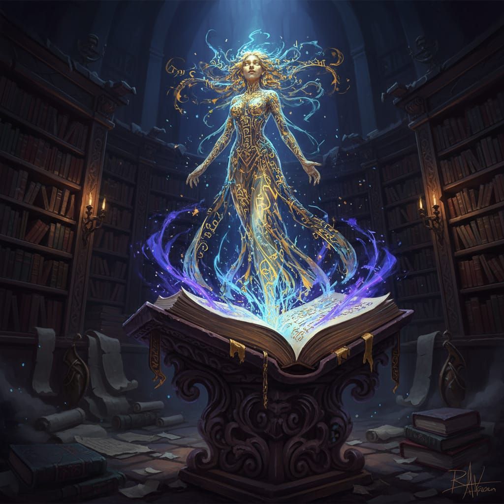 Mystic Tome Rises Ethereal Woman in Ancient Library