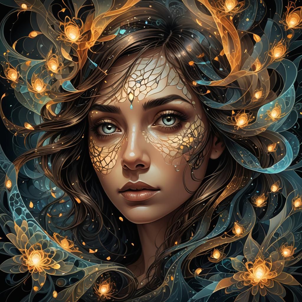 Girl in Smoke with Fireflies: Abstract Digital Art
