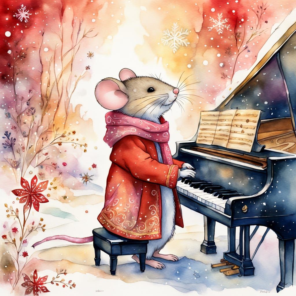 Mouse's Winter Piano Serenade: A Whimsical Watercolor