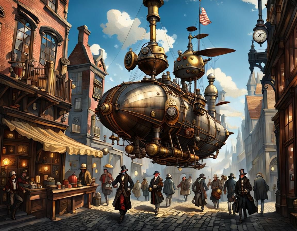 Steampunk Cityscape with Airships and Robots