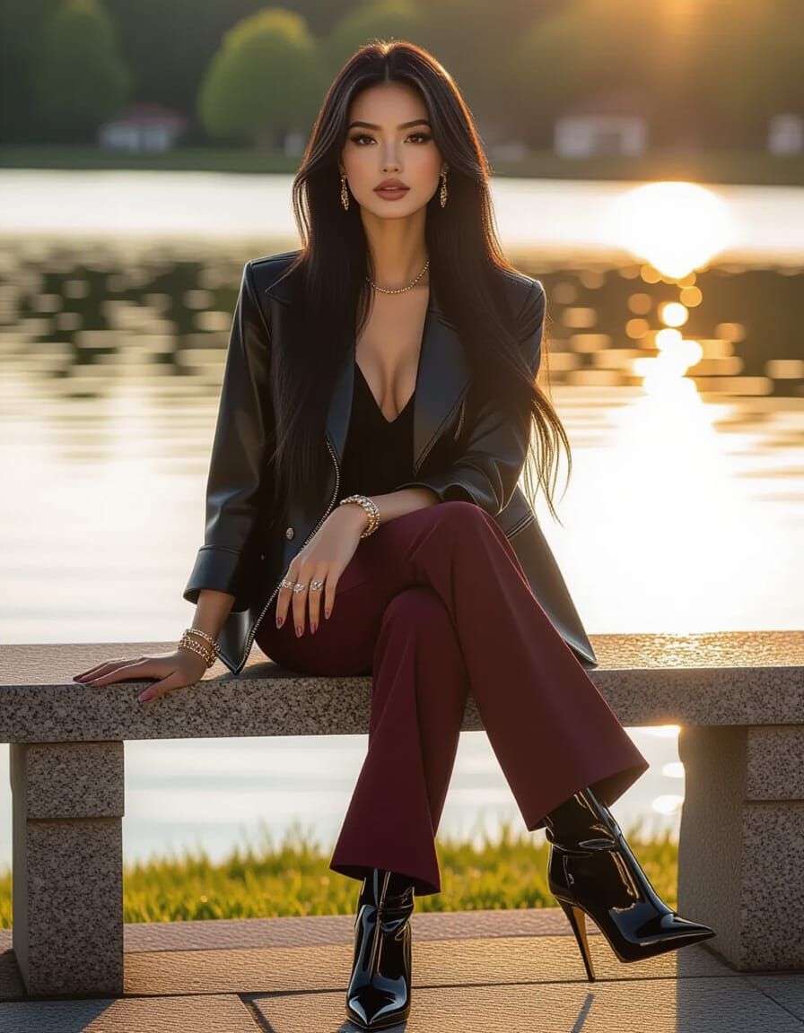 Young Woman in Stilettos on Stone Bench by Lake