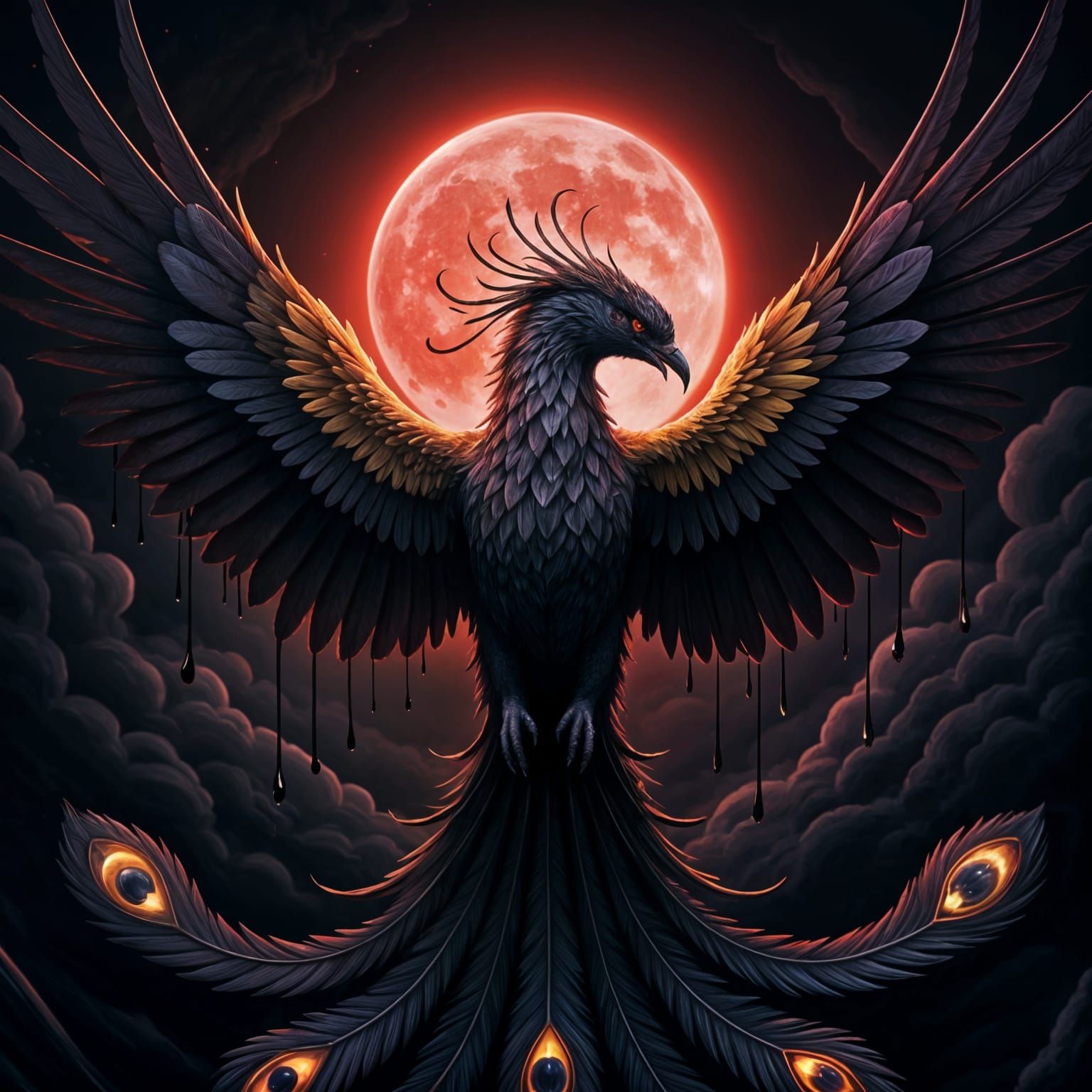 Dark Fantasy Phoenix Reborn in Red Moonlight
