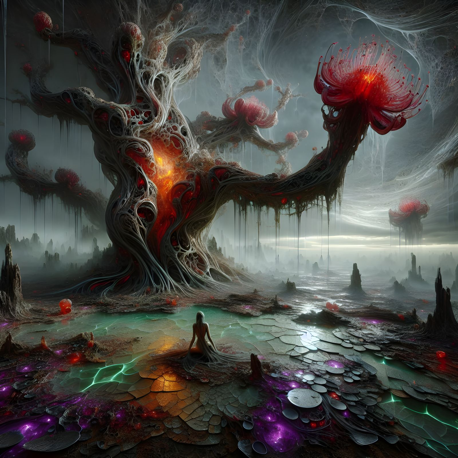 Ominous Valley with Skeletal Tree and Glass Woman